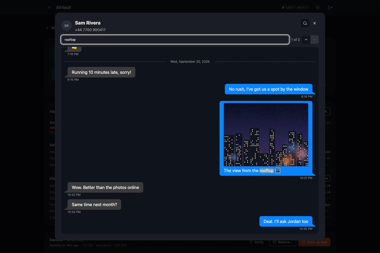 An iMessage chat from a backup, searched for a word that is highlighted next to a shared photo