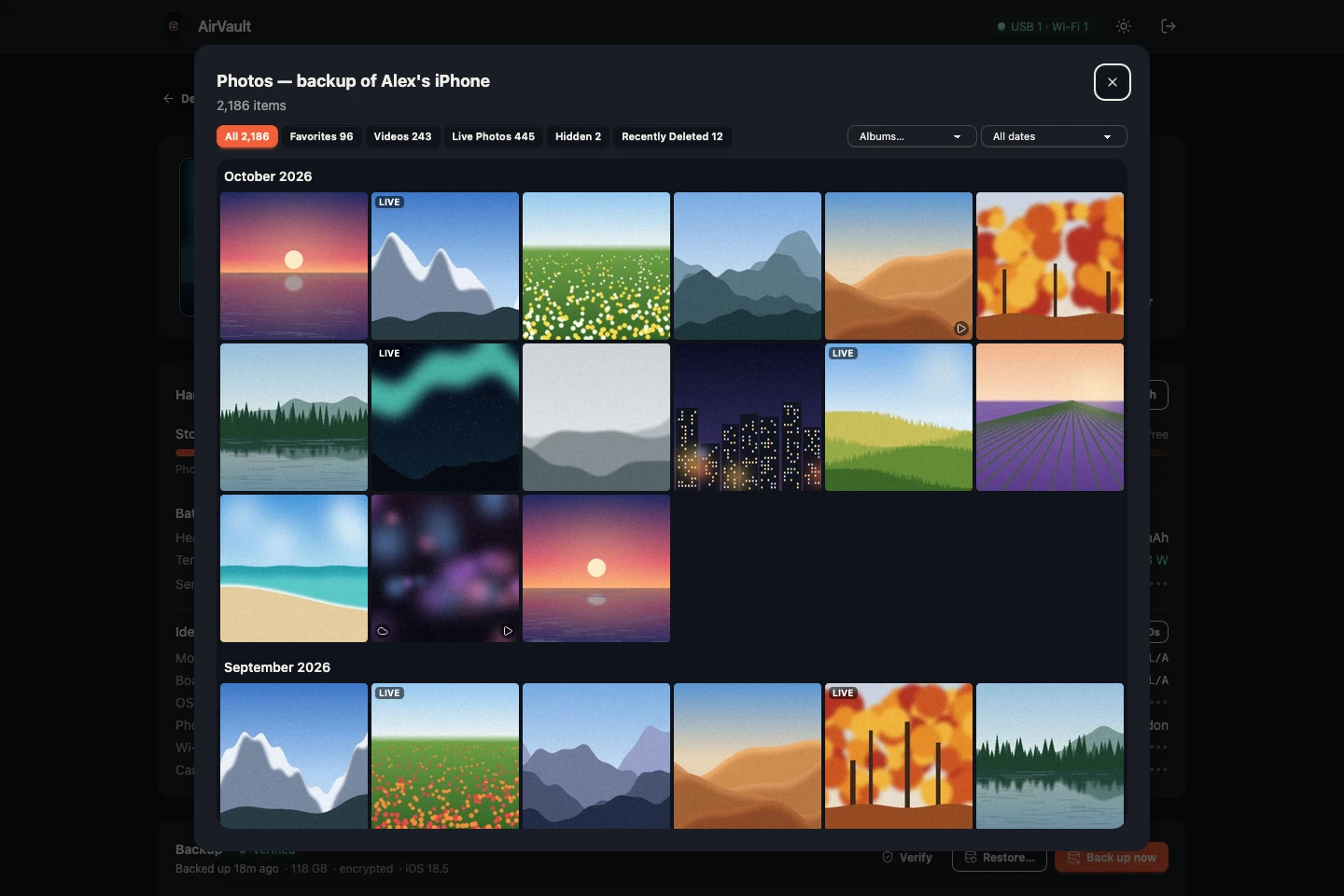 Photo library of a backup grouped by month, with filters for favorites, videos, Live Photos and albums