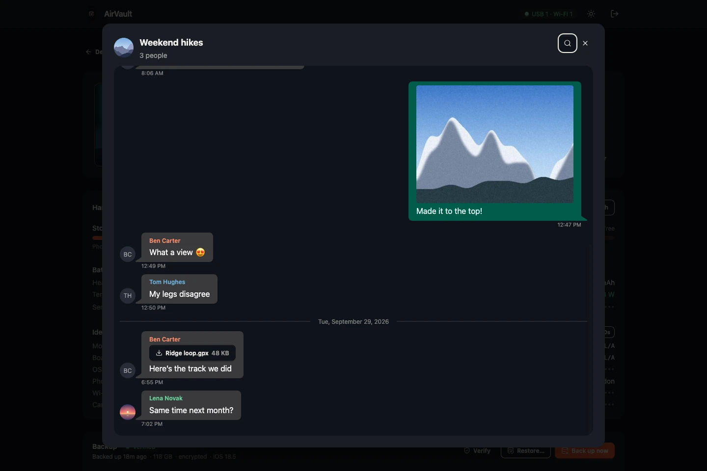 A WhatsApp group chat from a backup with a photo, a shared document and named members