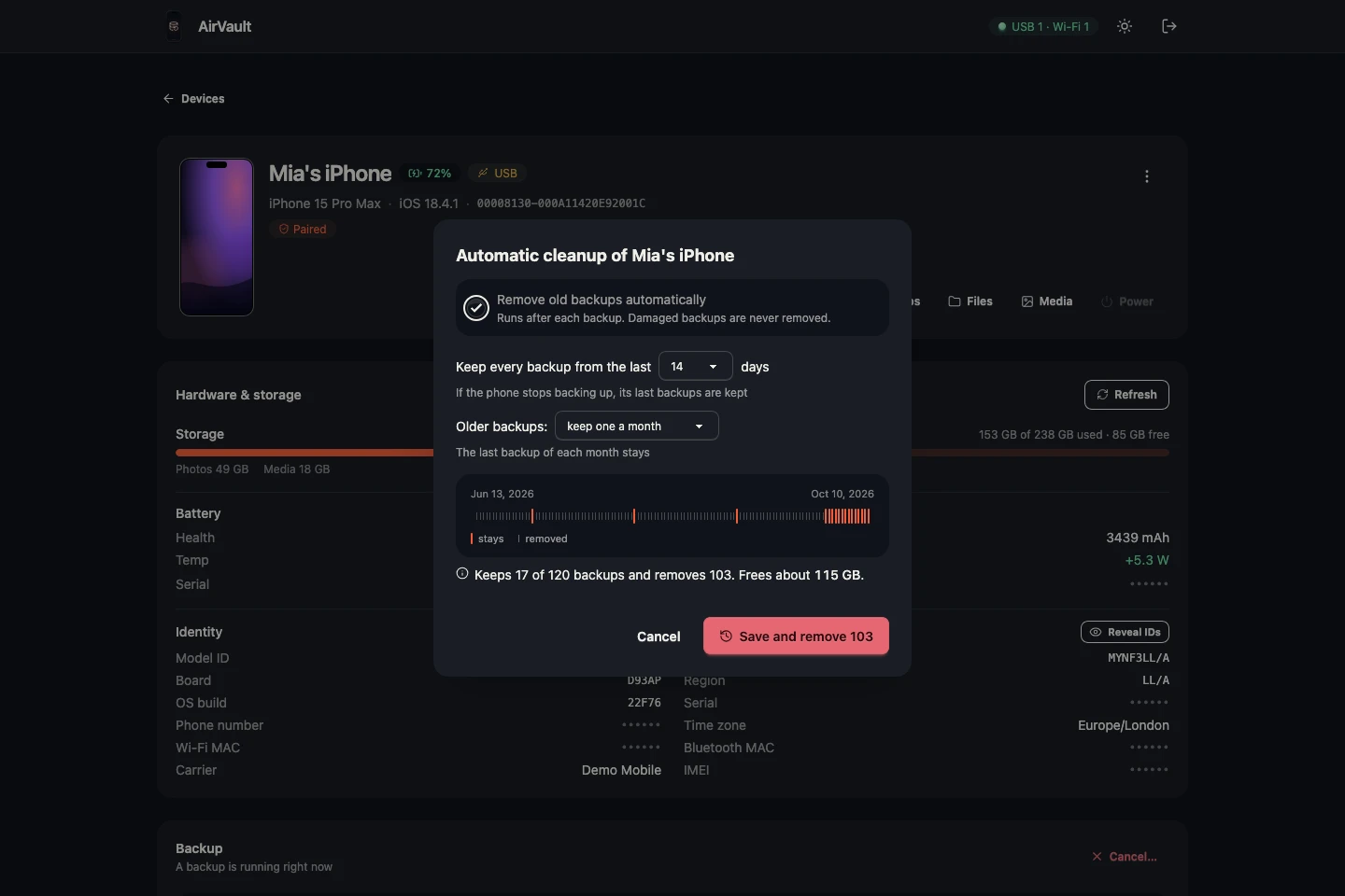 Automatic cleanup keeping every backup of the last 14 days and one a month of older ones, with a timeline of what stays and the space it frees
