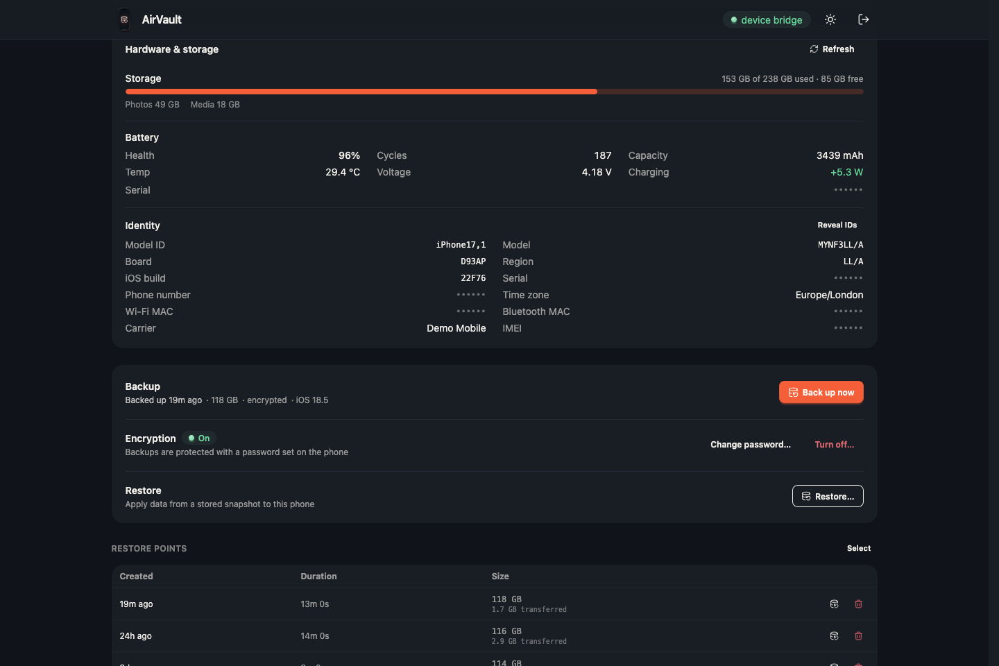 Hardware page with storage, battery health, temperature and device identity