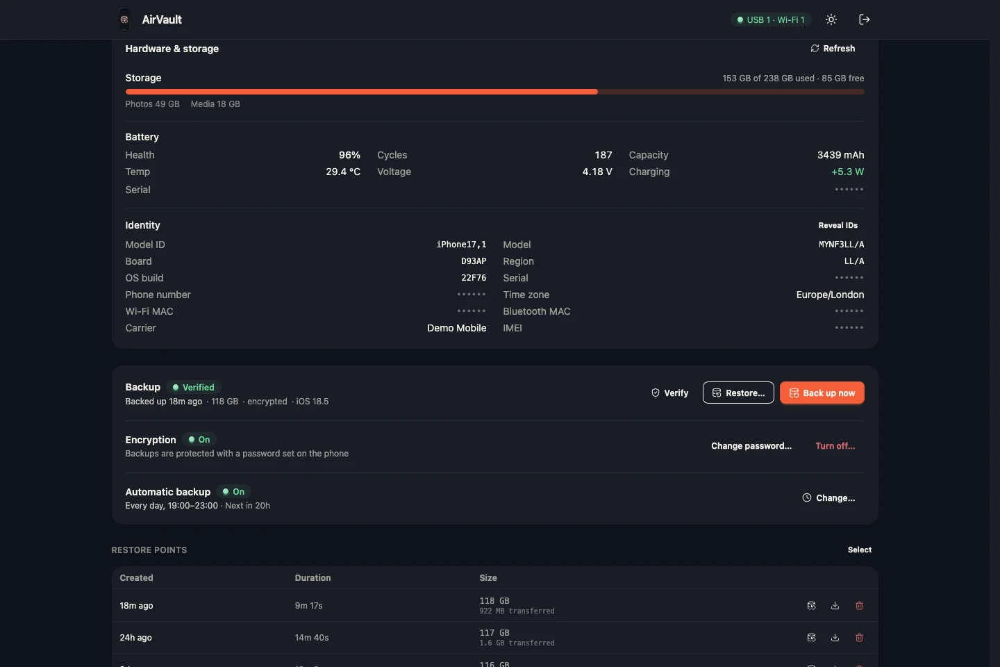 Hardware page with storage, battery health, temperature and device identity