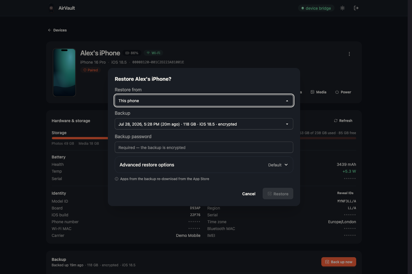 Restore dialog: pick a snapshot, enter the backup password and send it back to the phone